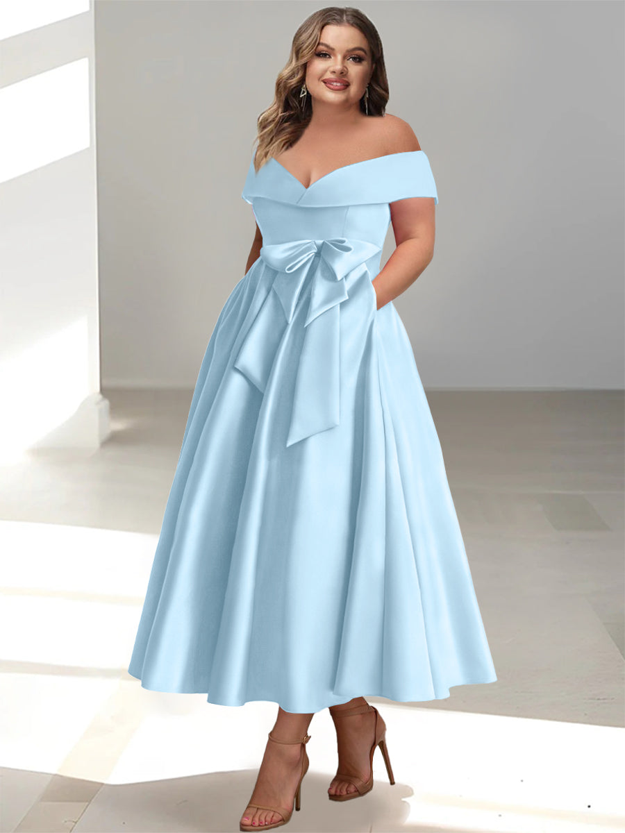 Plus Size Off the Shoulder Sleeveless A Line Mother of the Bride Ankle Length Dress with Pockets