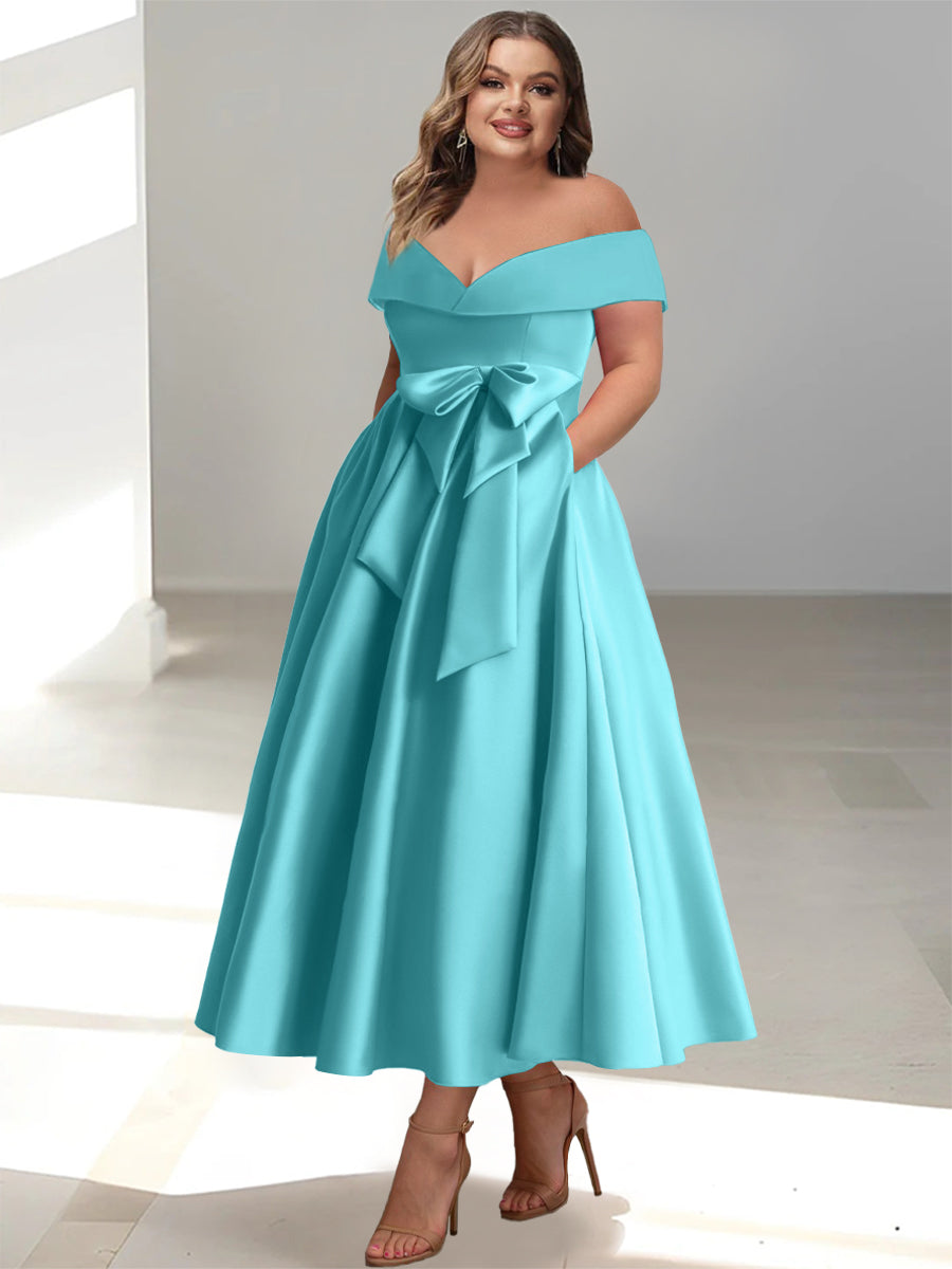 Plus Size Off the Shoulder Sleeveless A Line Mother of the Bride Ankle Length Dress with Pockets