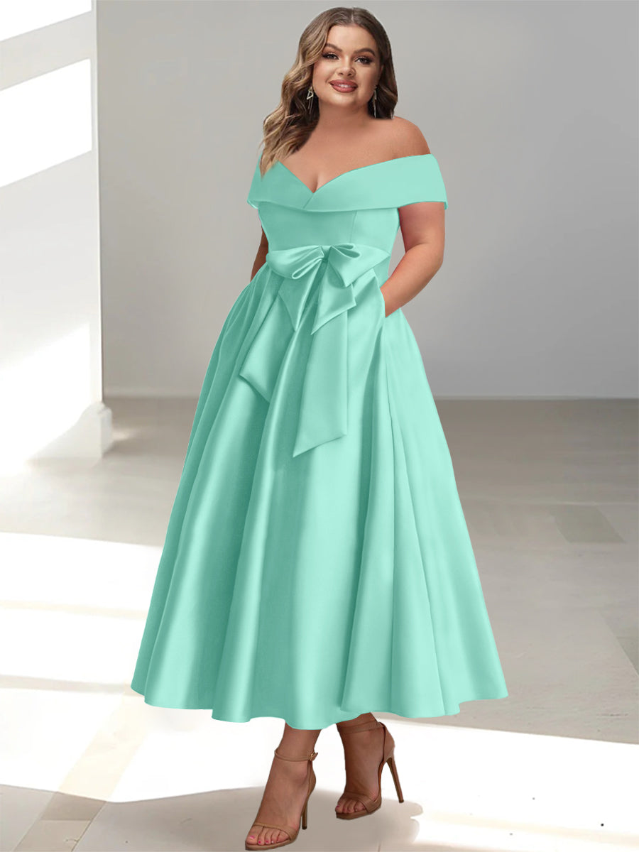 Plus Size Off the Shoulder Sleeveless A Line Mother of the Bride Ankle Length Dress with Pockets
