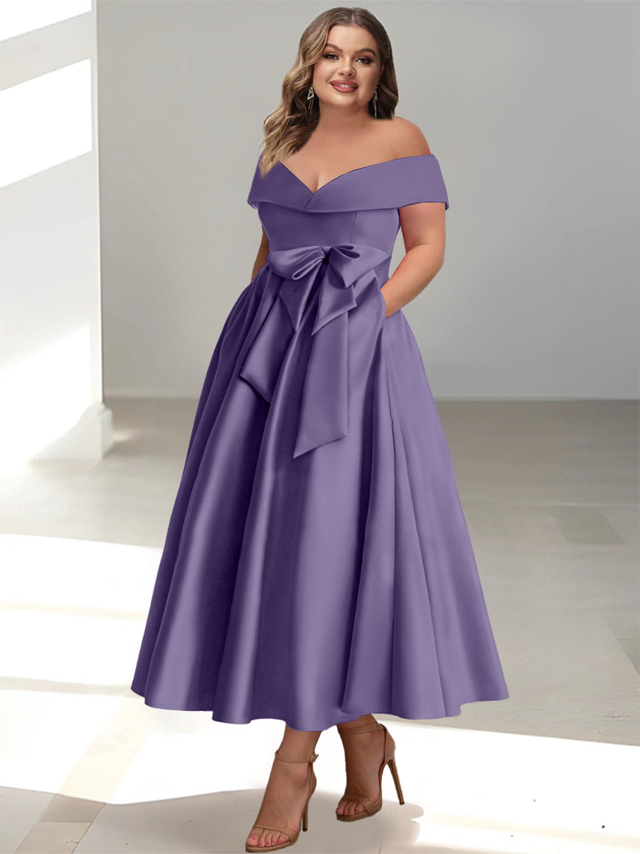 Plus Size Off the Shoulder Sleeveless A Line Mother of the Bride Ankle Length Dress with Pockets