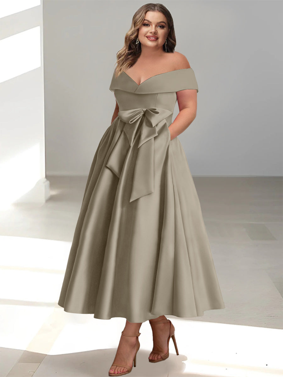 Plus Size Off the Shoulder Sleeveless A Line Mother of the Bride Ankle Length Dress with Pockets