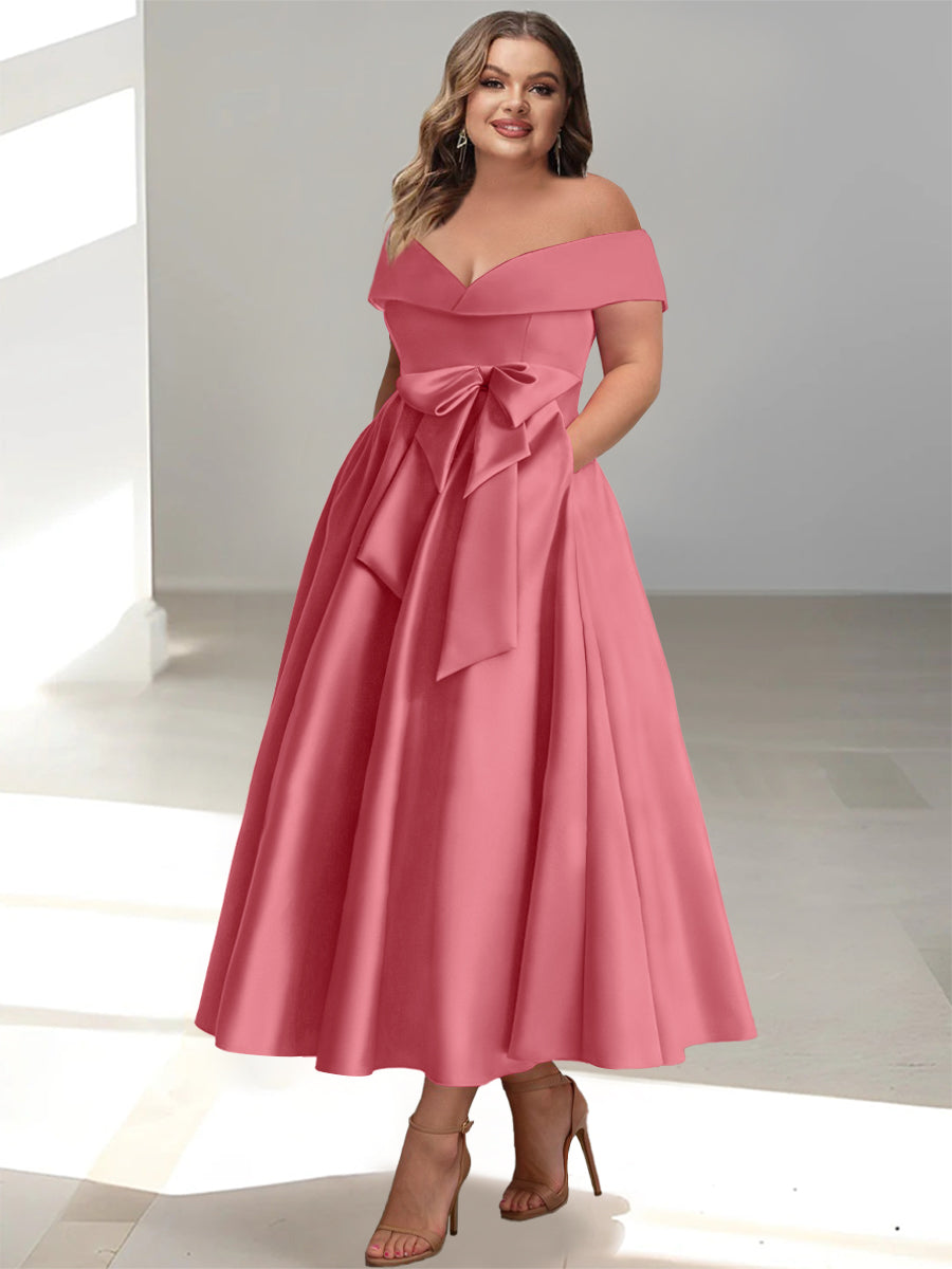 Plus Size Off the Shoulder Sleeveless A Line Mother of the Bride Ankle Length Dress with Pockets