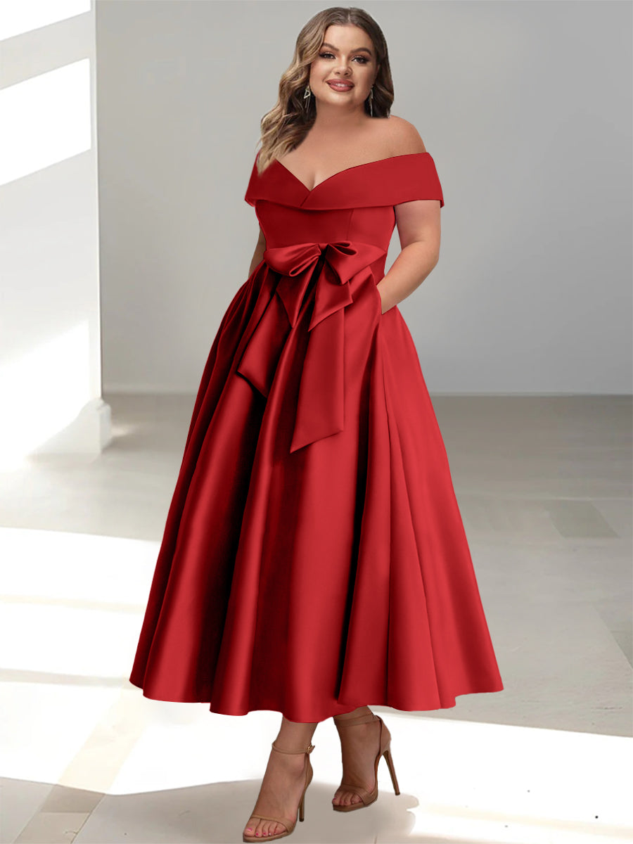 Plus Size Off the Shoulder Sleeveless A Line Mother of the Bride Ankle Length Dress with Pockets