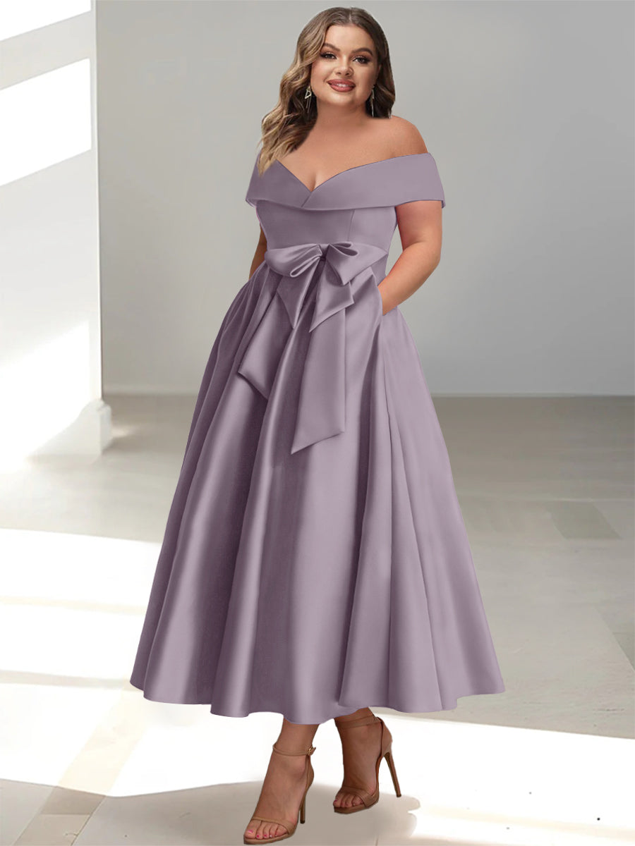 Plus Size Off the Shoulder Sleeveless A Line Mother of the Bride Ankle Length Dress with Pockets