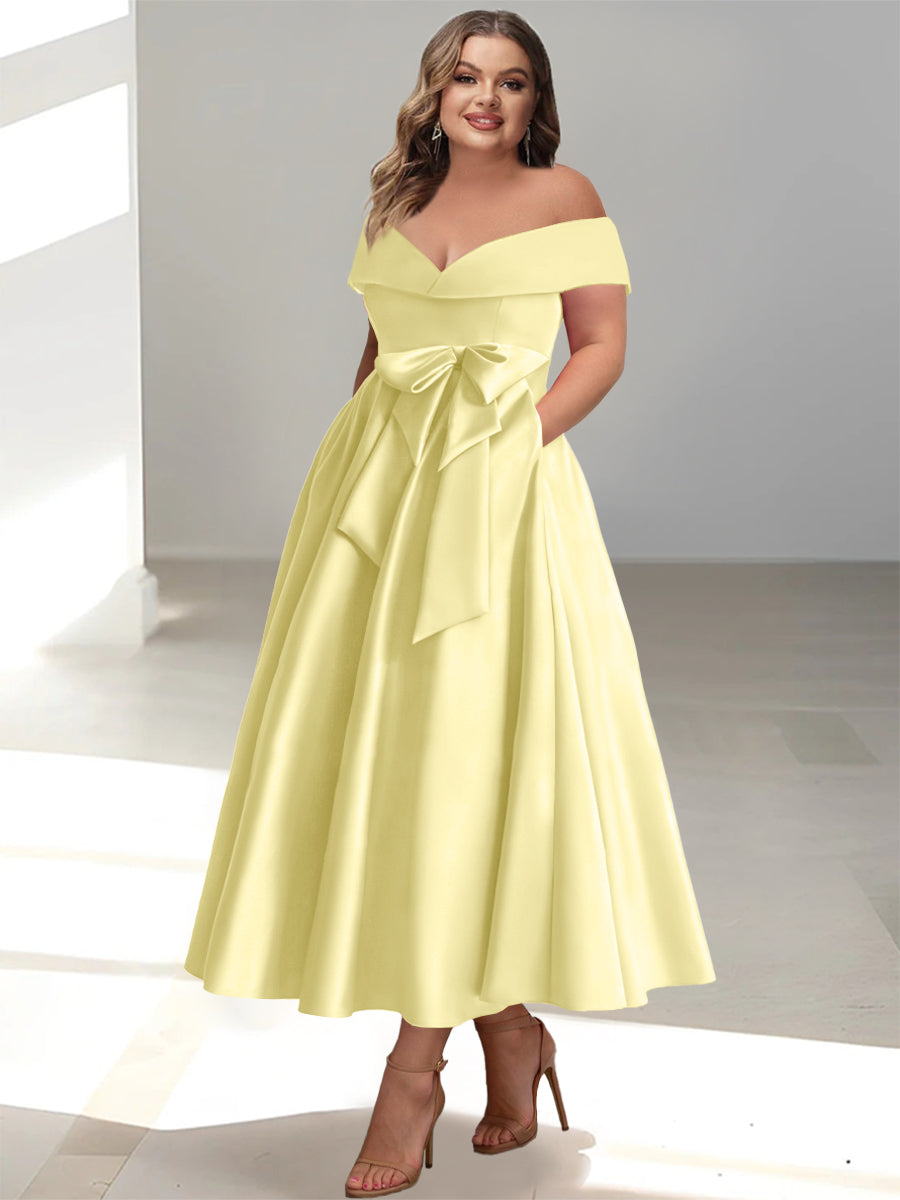 Plus Size Off the Shoulder Sleeveless A Line Mother of the Bride Ankle Length Dress with Pockets