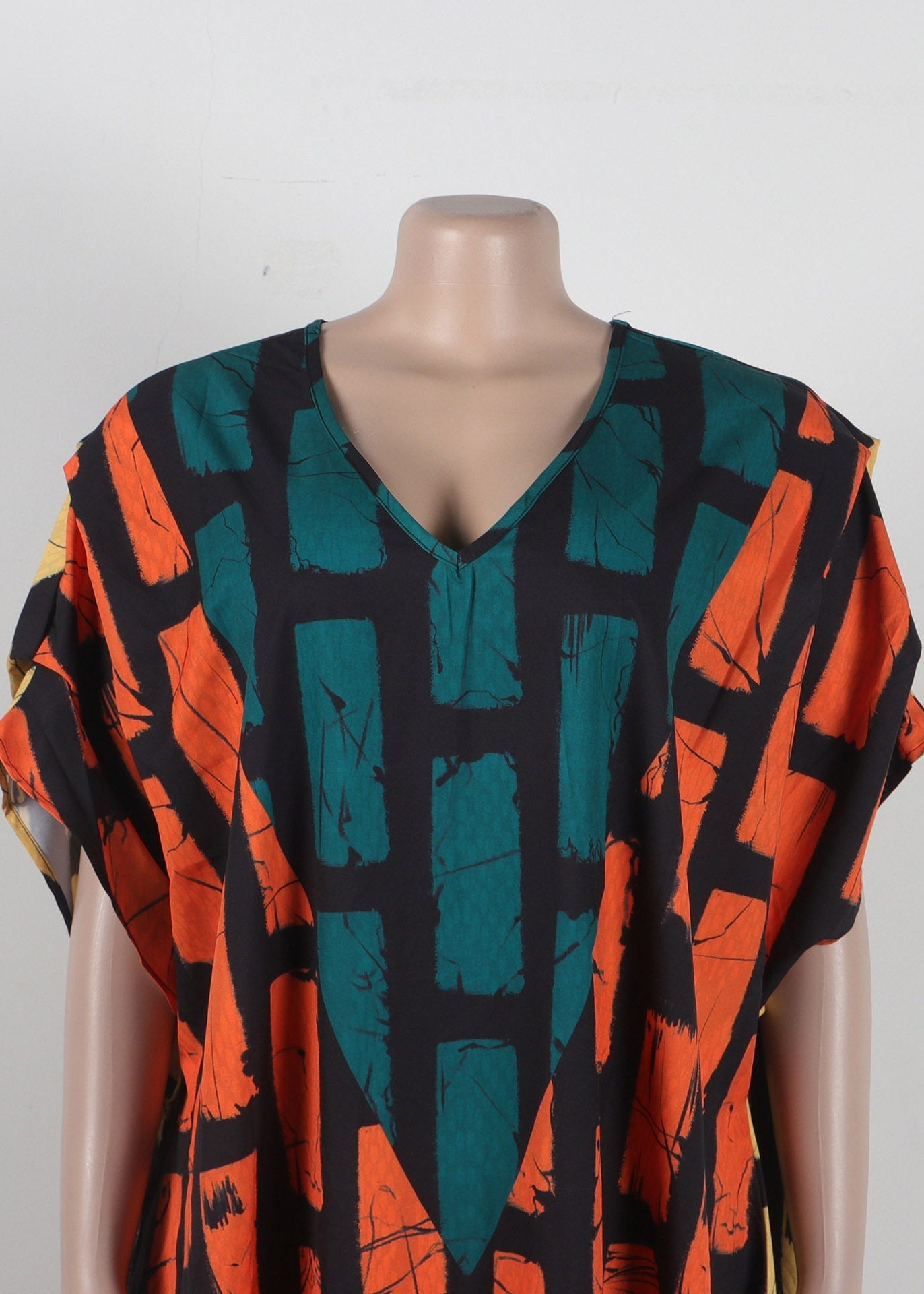 Plus Size Orange V Neck Plaid Holiday Long Dress Summer
