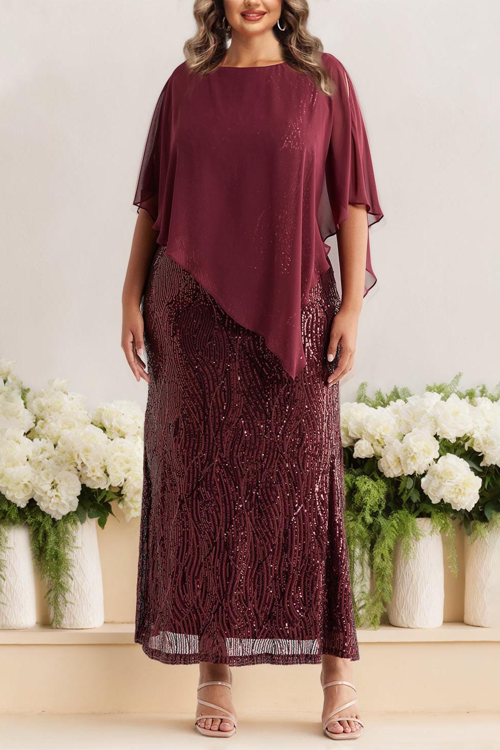 Plus Size Sequined A Line Mother of the Bride Dress with Scoop Neck and Half Sleeves