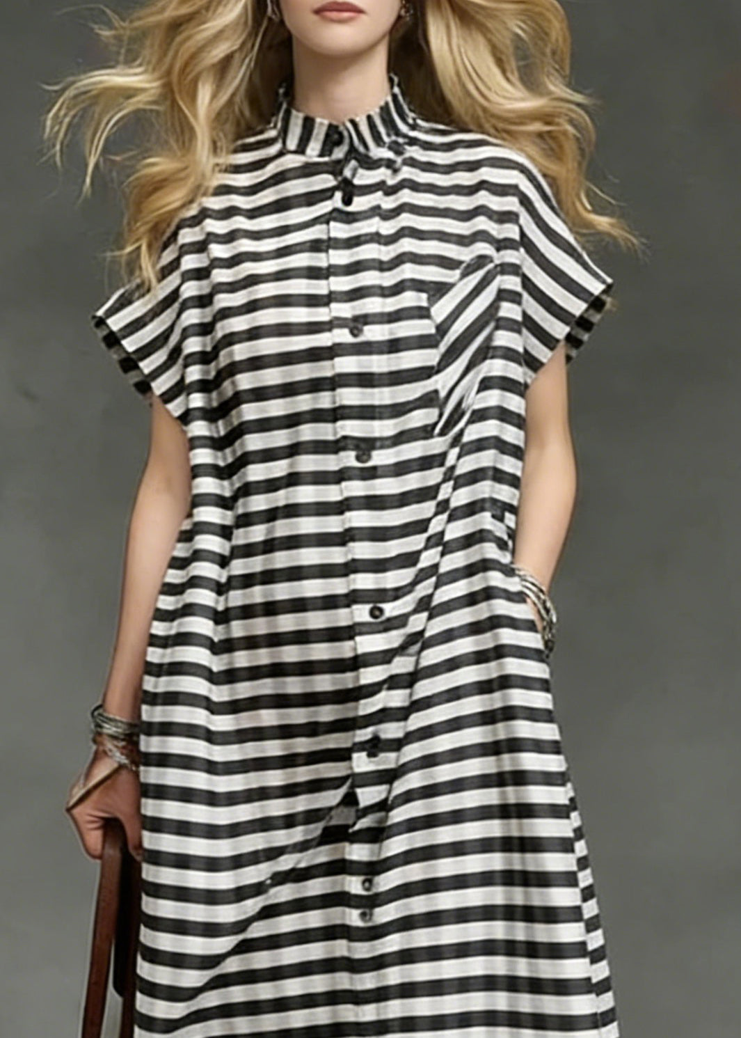 Plus Size Striped Pockets Side Open Cotton Long Dresses Summer