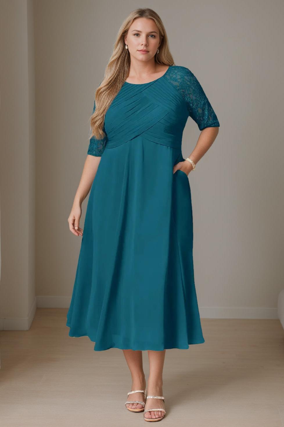Plus Size Tea Length Mother of the Bride A Line Dress with Ruffles Round Neck and Half Sleeves