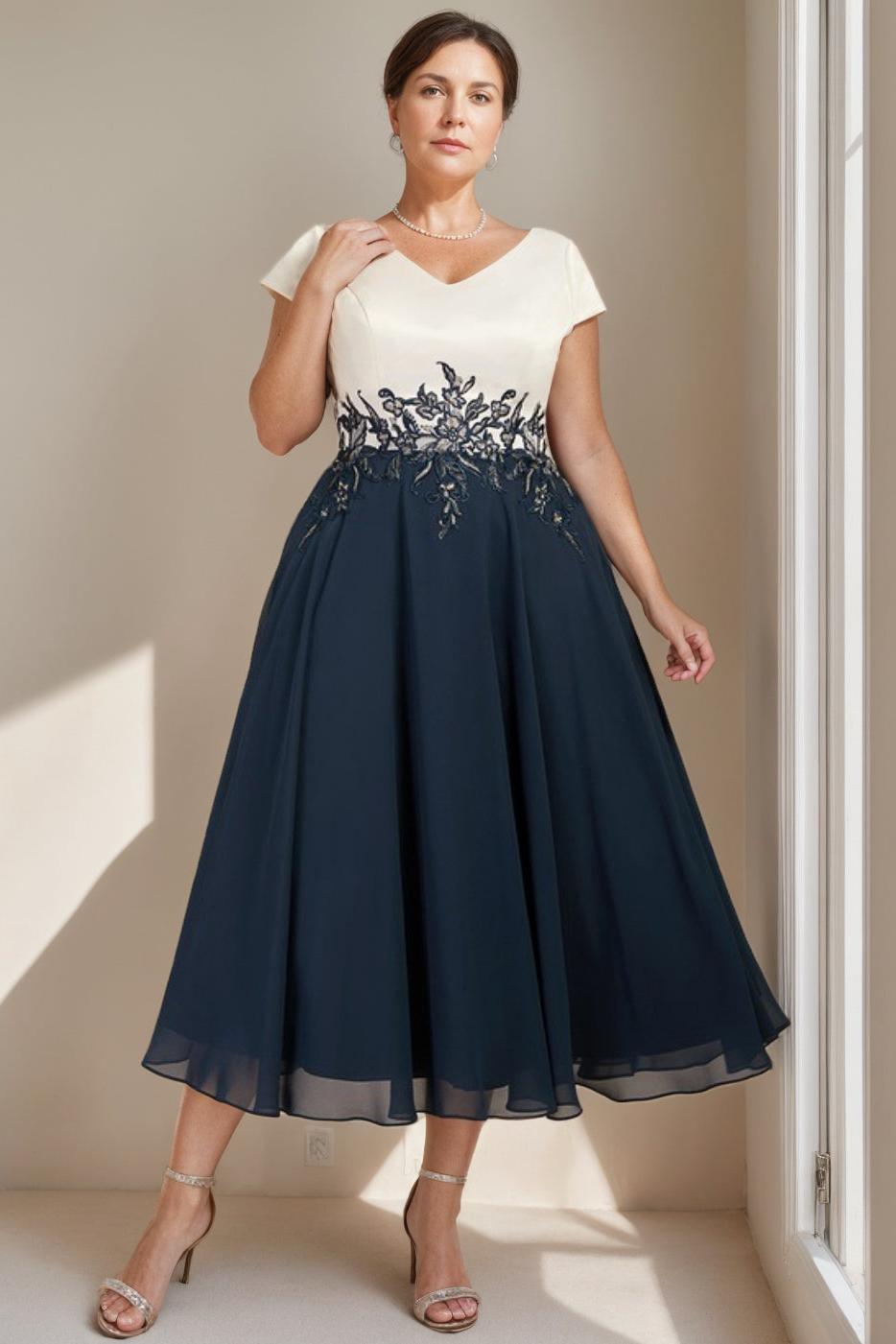 Plus Size Tea Length Mother of the Bride Dress in A Line Cut with V Neck and Short Sleeves Featuring Lace