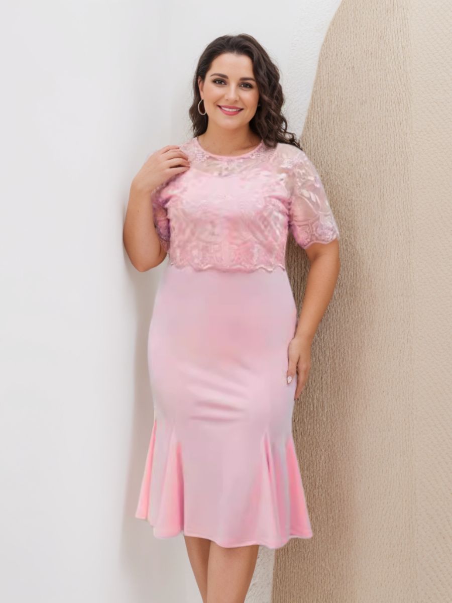 Plus Size Tea Length Mother of the Bride Dress with Appliques Trumpet Mermaid Scoop Half Sleeves