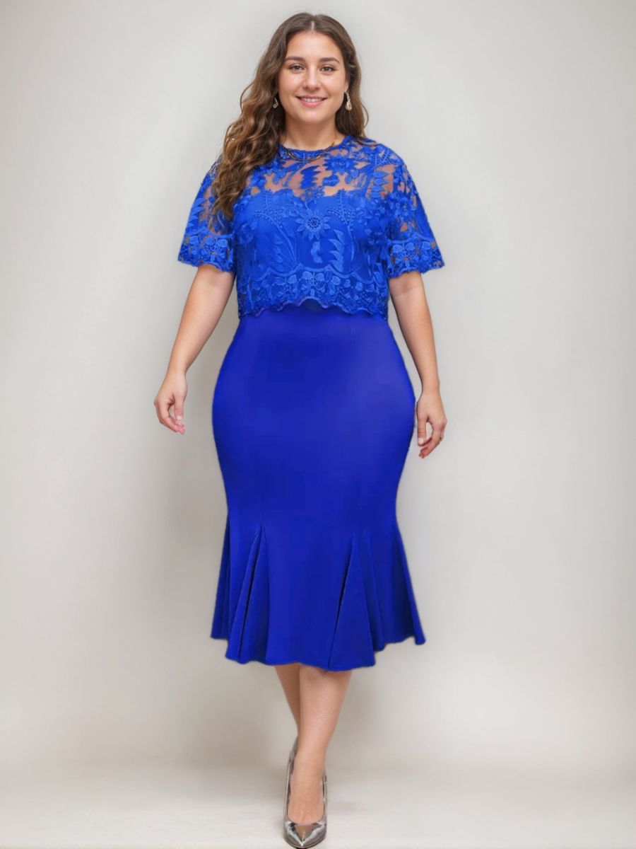 Plus Size Tea Length Mother of the Bride Dress with Appliques Trumpet Mermaid Scoop Half Sleeves