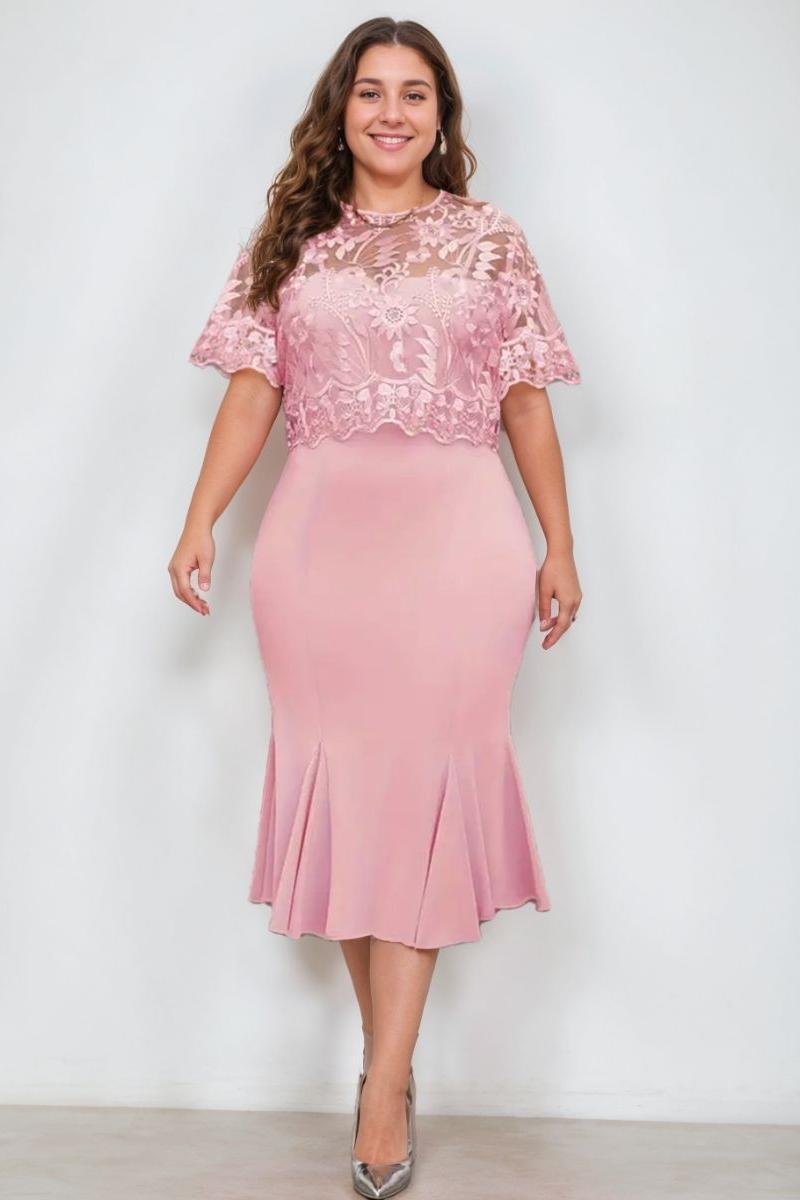 Plus Size Tea Length Mother of the Bride Dress with Appliques Trumpet Mermaid Scoop Half Sleeves