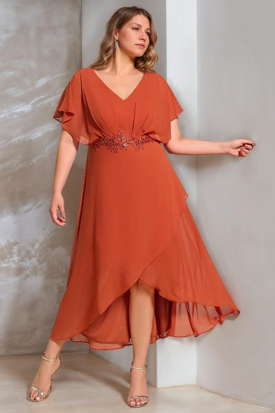 Plus Size V Neck A Line Mother of the Bride Dress with Short Sleeves and Asymmetrical Appliques