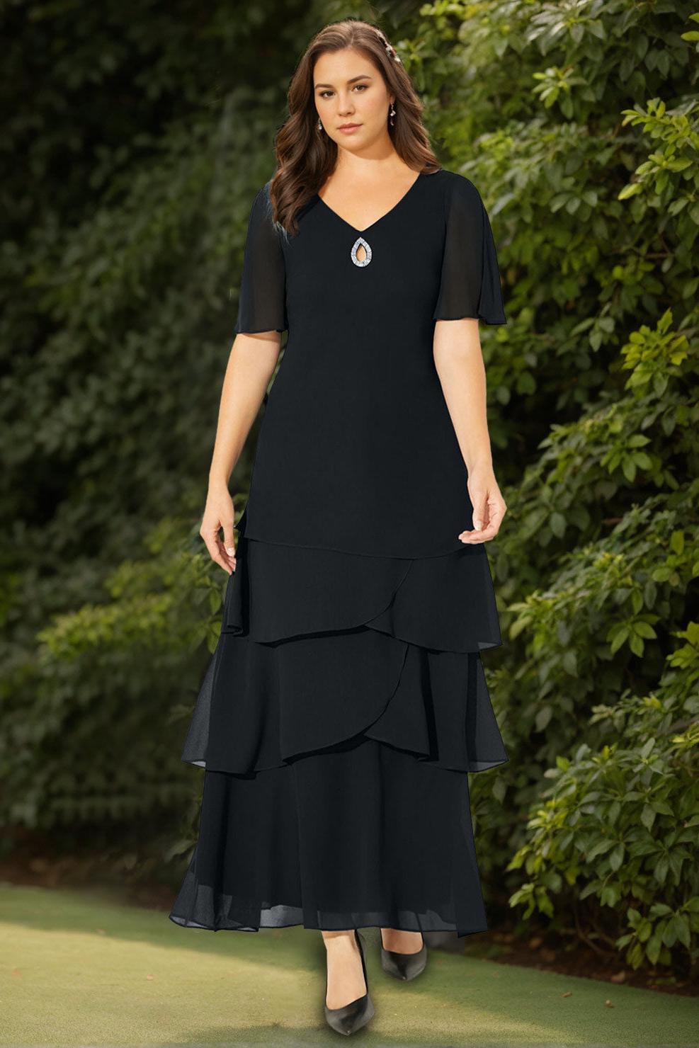 Plus Size V Neck A Line Ankle Length Mother Of The Bride Groom Dress with Sequins and Ruffles