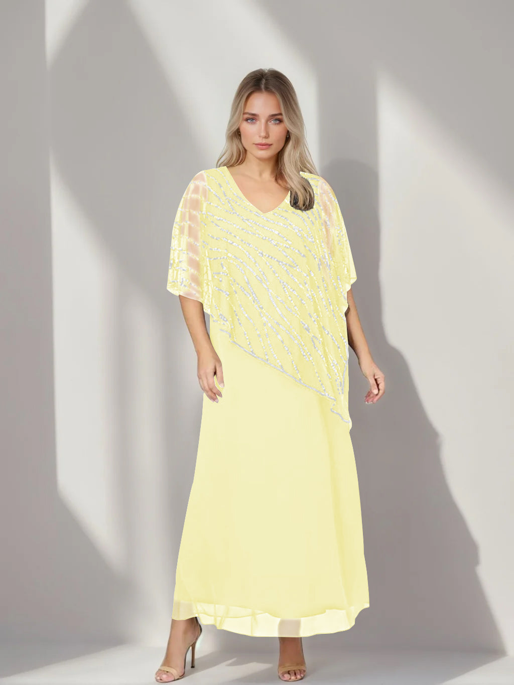 Plus Size V Neck A Line Ankle Length Mother of the Bride Dress with Asymmetrical Cape Popover and Half Sleeves