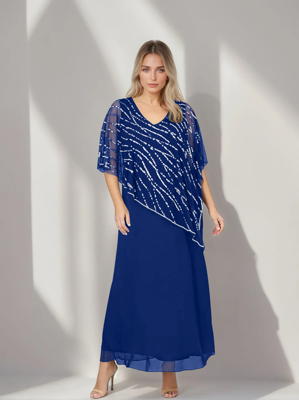 Plus Size V Neck A Line Ankle Length Mother of the Bride Dress with Asymmetrical Cape Popover and Half Sleeves