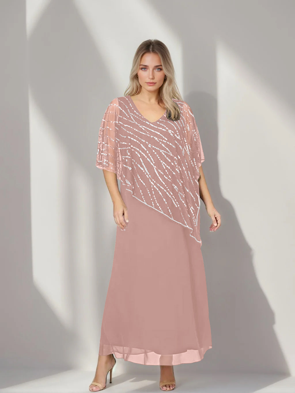 Plus Size V Neck A Line Ankle Length Mother of the Bride Dress with Asymmetrical Cape Popover and Half Sleeves