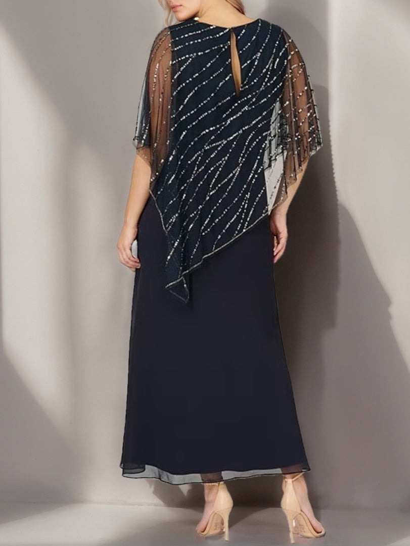Plus Size V Neck A Line Ankle Length Mother of the Bride Dress with Asymmetrical Cape Popover and Half Sleeves