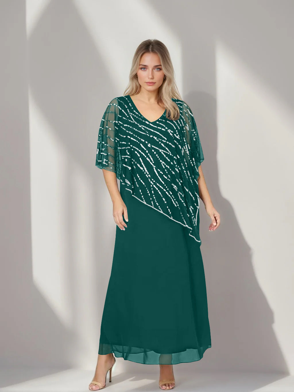 Plus Size V Neck A Line Ankle Length Mother of the Bride Dress with Asymmetrical Cape Popover and Half Sleeves