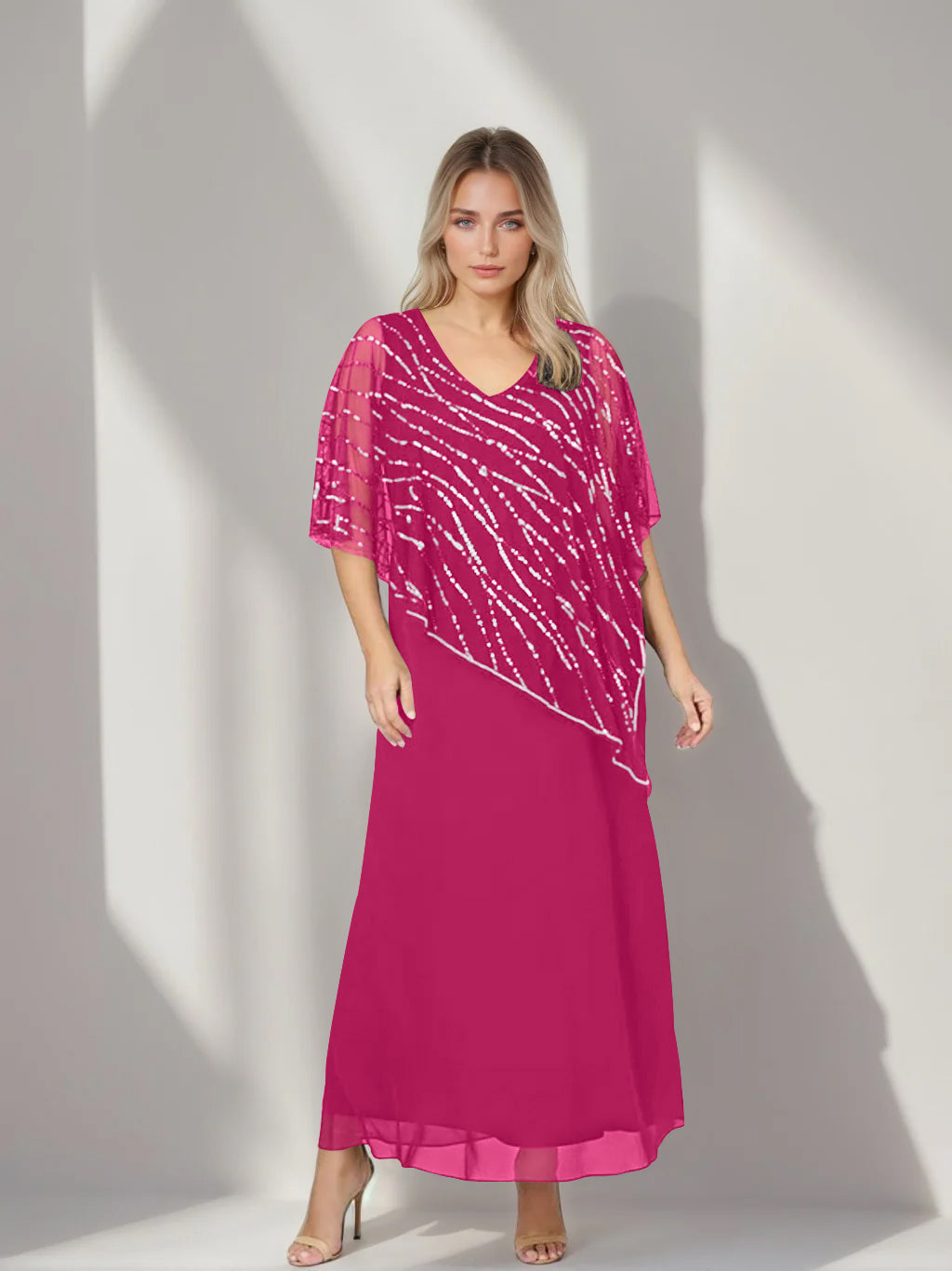 Plus Size V Neck A Line Ankle Length Mother of the Bride Dress with Asymmetrical Cape Popover and Half Sleeves