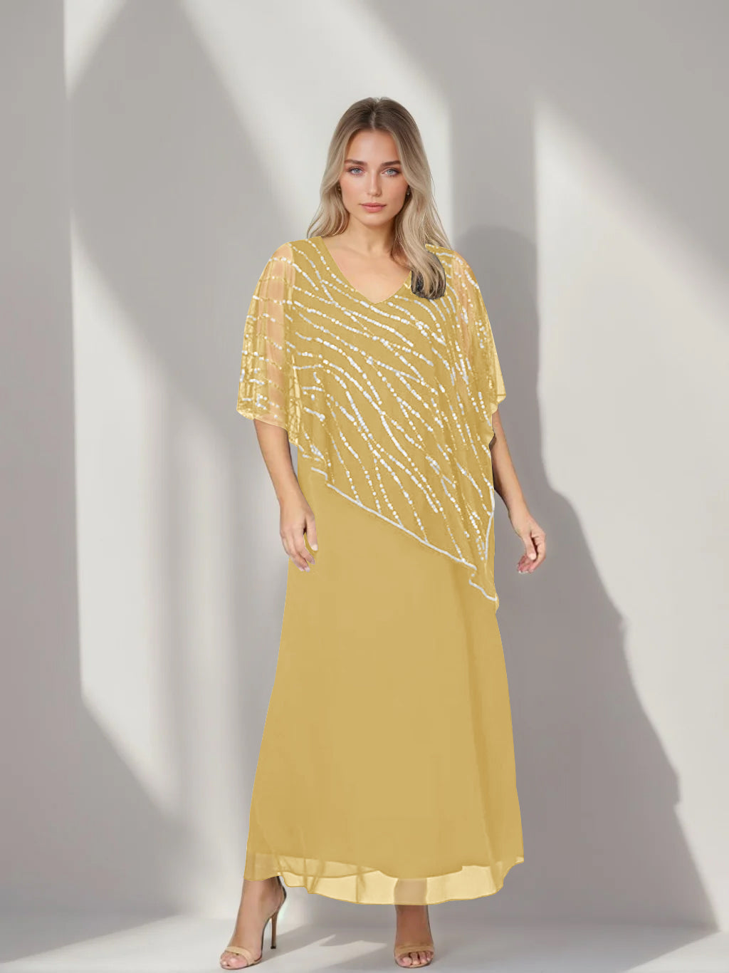 Plus Size V Neck A Line Ankle Length Mother of the Bride Dress with Asymmetrical Cape Popover and Half Sleeves