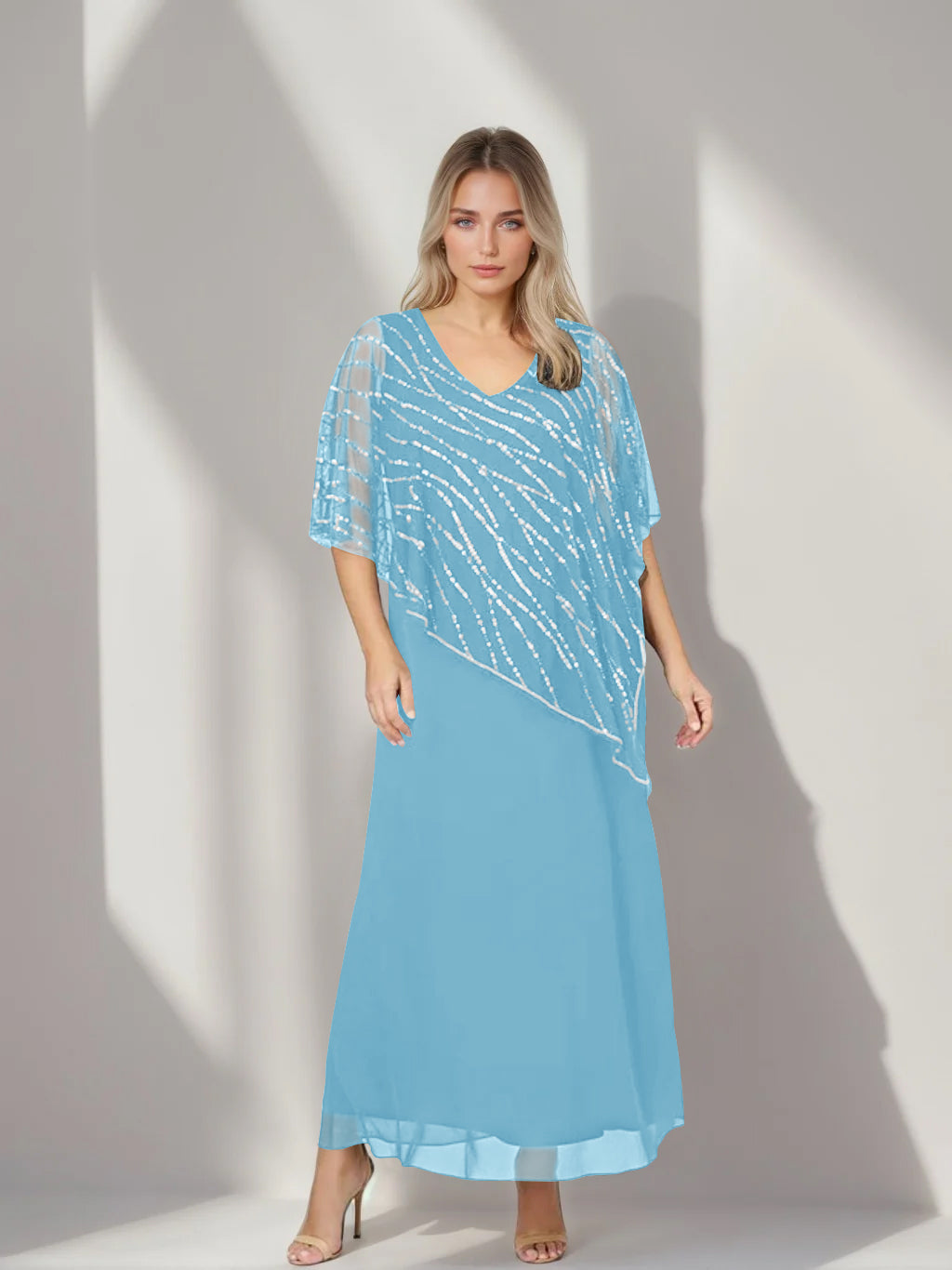 Plus Size V Neck A Line Ankle Length Mother of the Bride Dress with Asymmetrical Cape Popover and Half Sleeves