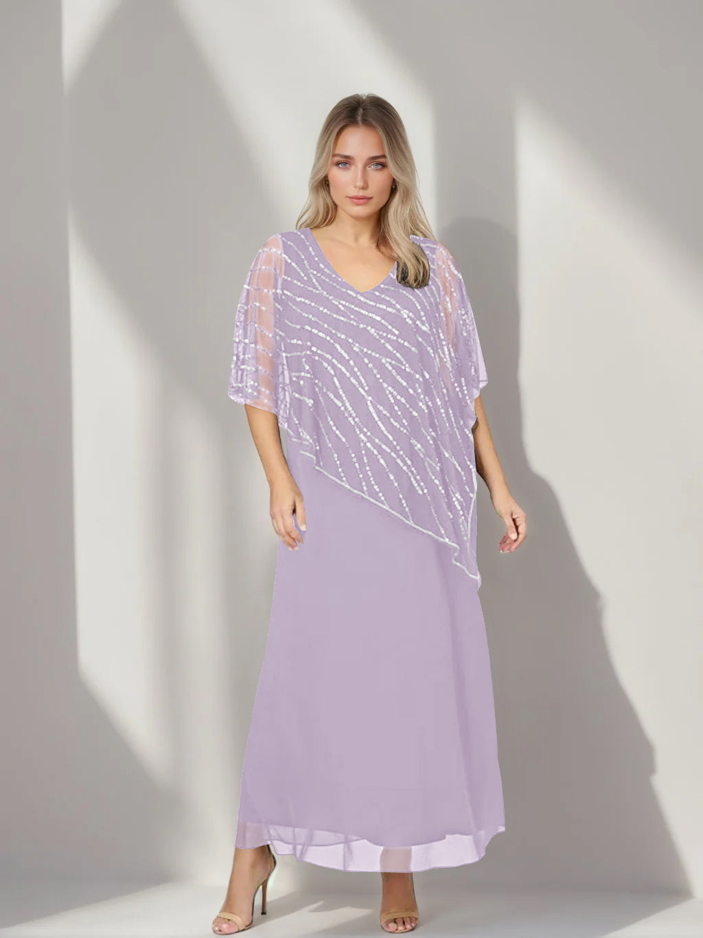 Plus Size V Neck A Line Ankle Length Mother of the Bride Dress with Asymmetrical Cape Popover and Half Sleeves