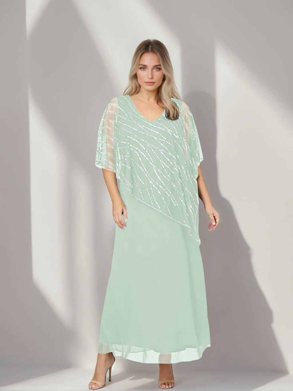Plus Size V Neck A Line Ankle Length Mother of the Bride Dress with Asymmetrical Cape Popover and Half Sleeves