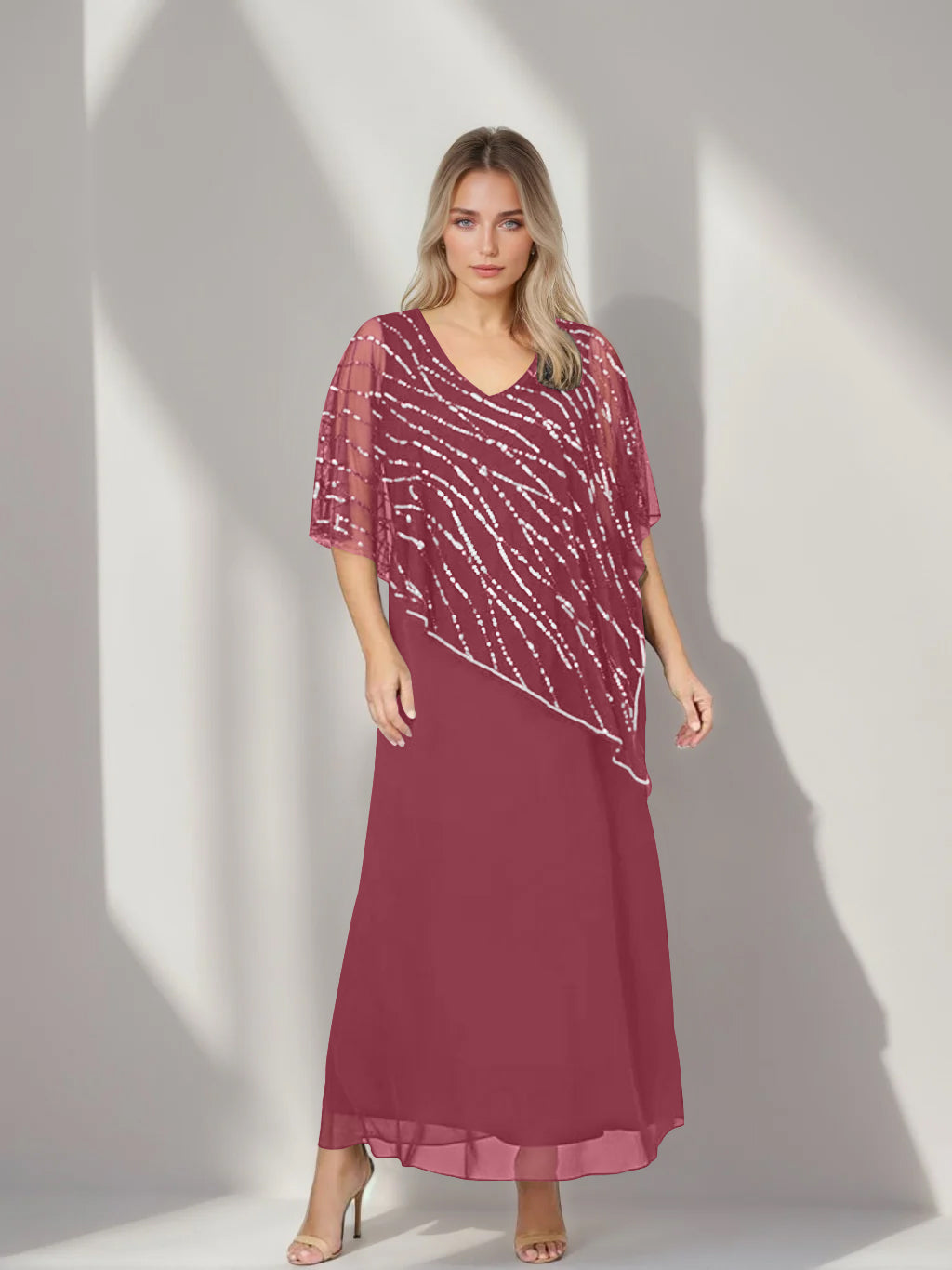 Plus Size V Neck A Line Ankle Length Mother of the Bride Dress with Asymmetrical Cape Popover and Half Sleeves