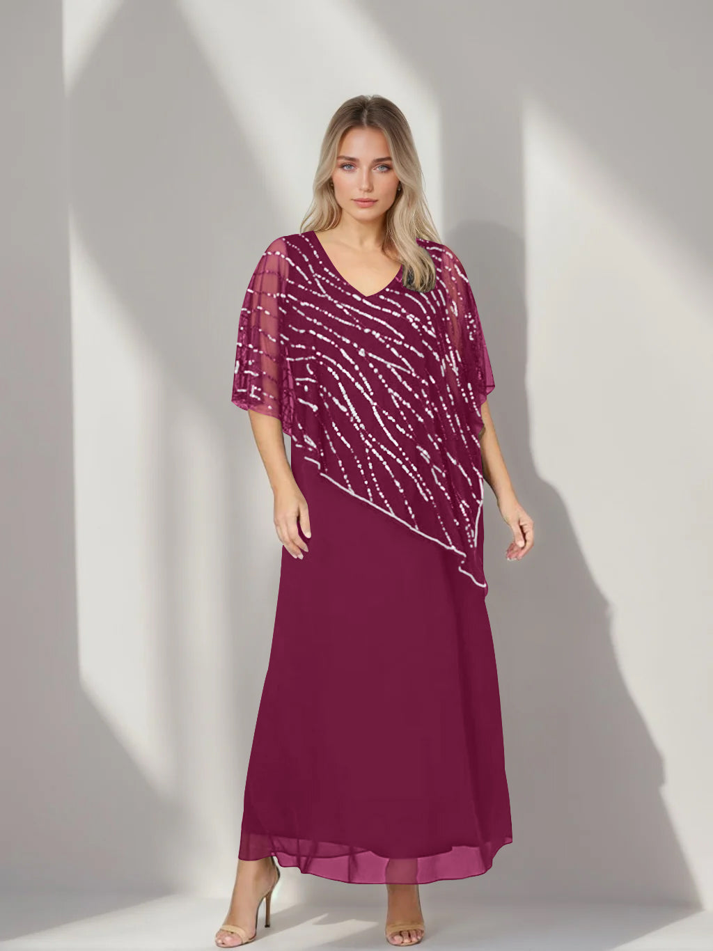 Plus Size V Neck A Line Ankle Length Mother of the Bride Dress with Asymmetrical Cape Popover and Half Sleeves
