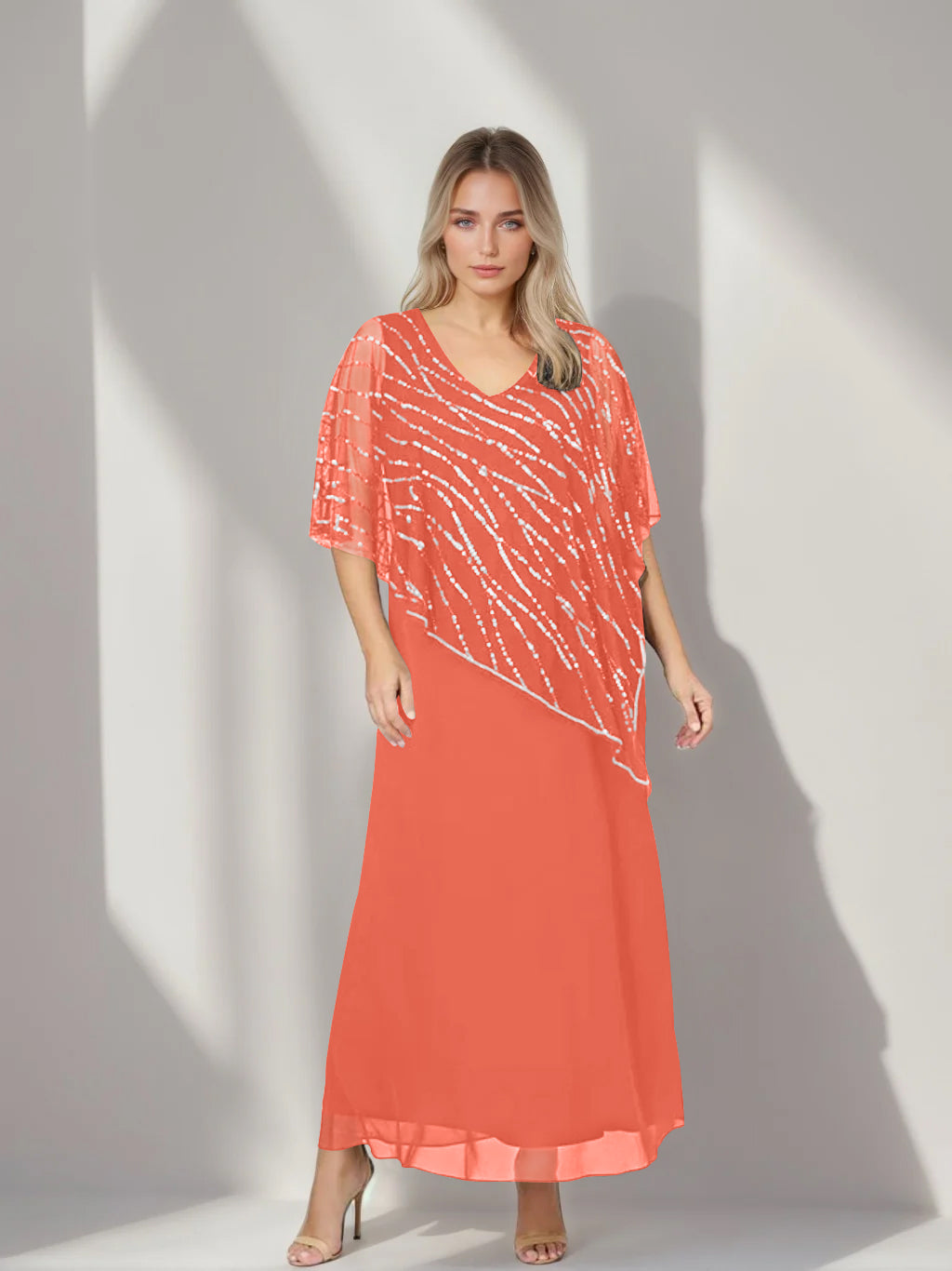 Plus Size V Neck A Line Ankle Length Mother of the Bride Dress with Asymmetrical Cape Popover and Half Sleeves