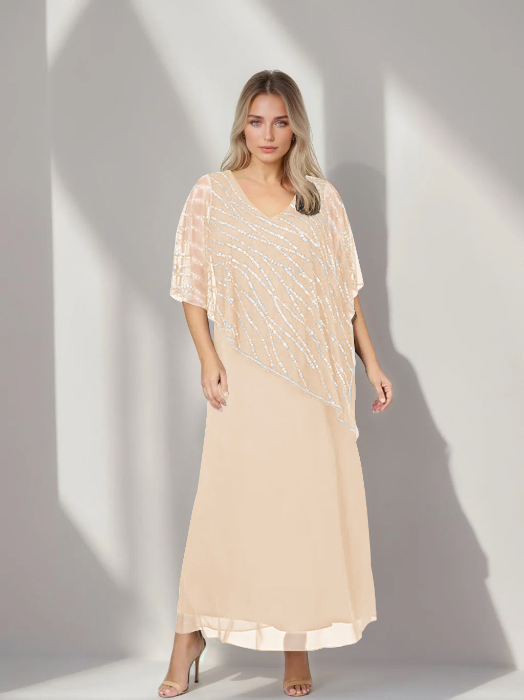 Plus Size V Neck A Line Ankle Length Mother of the Bride Dress with Asymmetrical Cape Popover and Half Sleeves