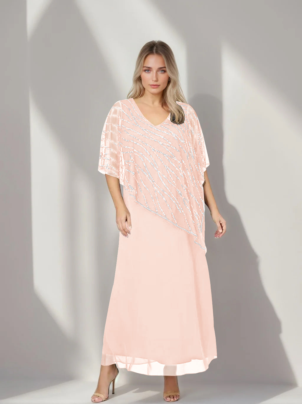 Plus Size V Neck A Line Ankle Length Mother of the Bride Dress with Asymmetrical Cape Popover and Half Sleeves