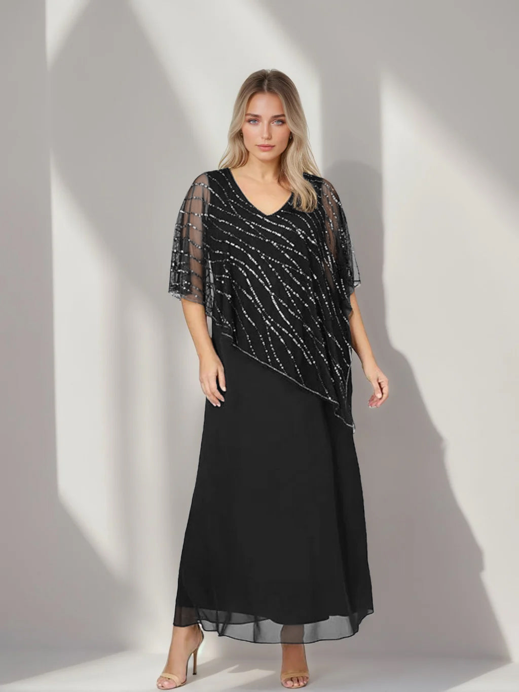 Plus Size V Neck A Line Ankle Length Mother of the Bride Dress with Asymmetrical Cape Popover and Half Sleeves