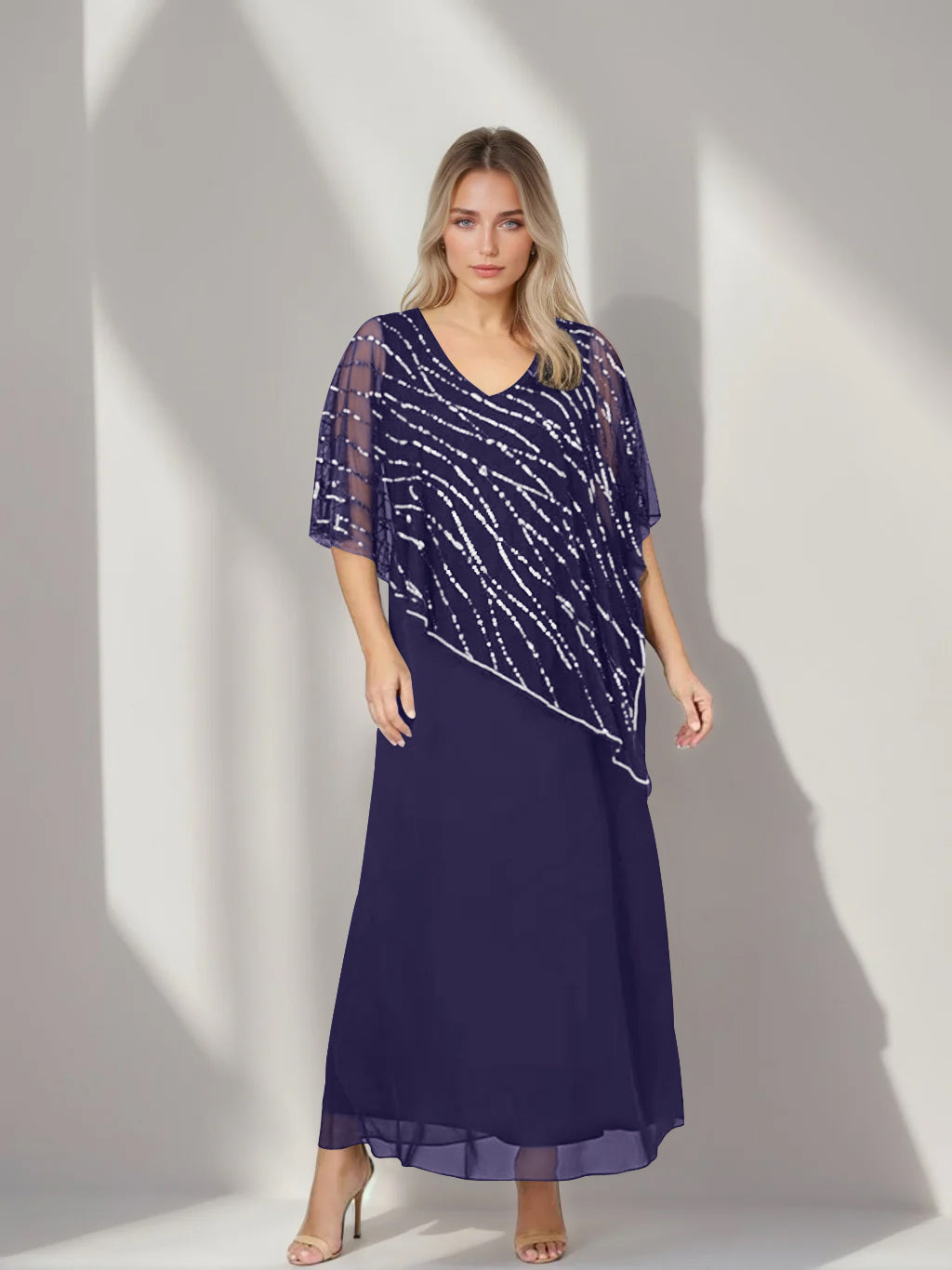 Plus Size V Neck A Line Ankle Length Mother of the Bride Dress with Asymmetrical Cape Popover and Half Sleeves