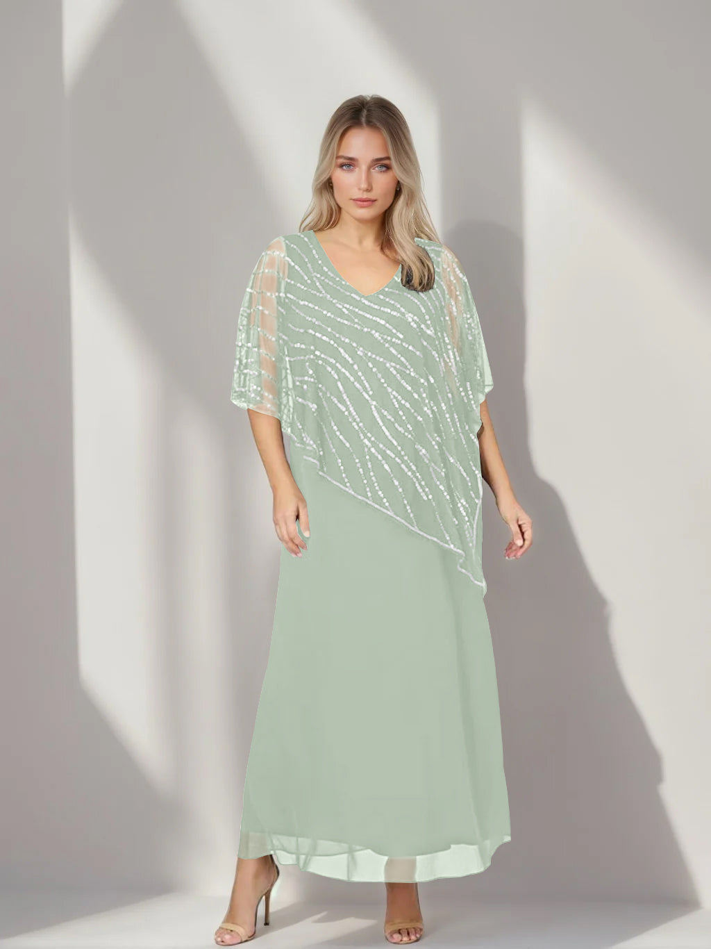 Plus Size V Neck A Line Ankle Length Mother of the Bride Dress with Asymmetrical Cape Popover and Half Sleeves