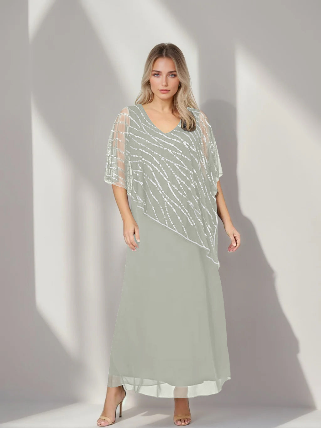 Plus Size V Neck A Line Ankle Length Mother of the Bride Dress with Asymmetrical Cape Popover and Half Sleeves