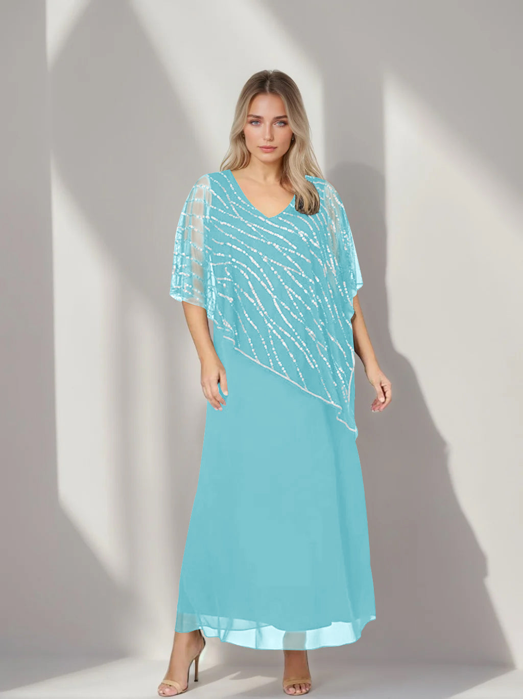 Plus Size V Neck A Line Ankle Length Mother of the Bride Dress with Asymmetrical Cape Popover and Half Sleeves