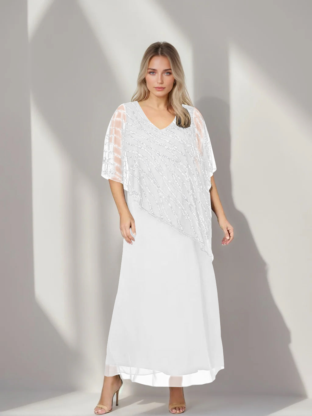 Plus Size V Neck A Line Ankle Length Mother of the Bride Dress with Asymmetrical Cape Popover and Half Sleeves