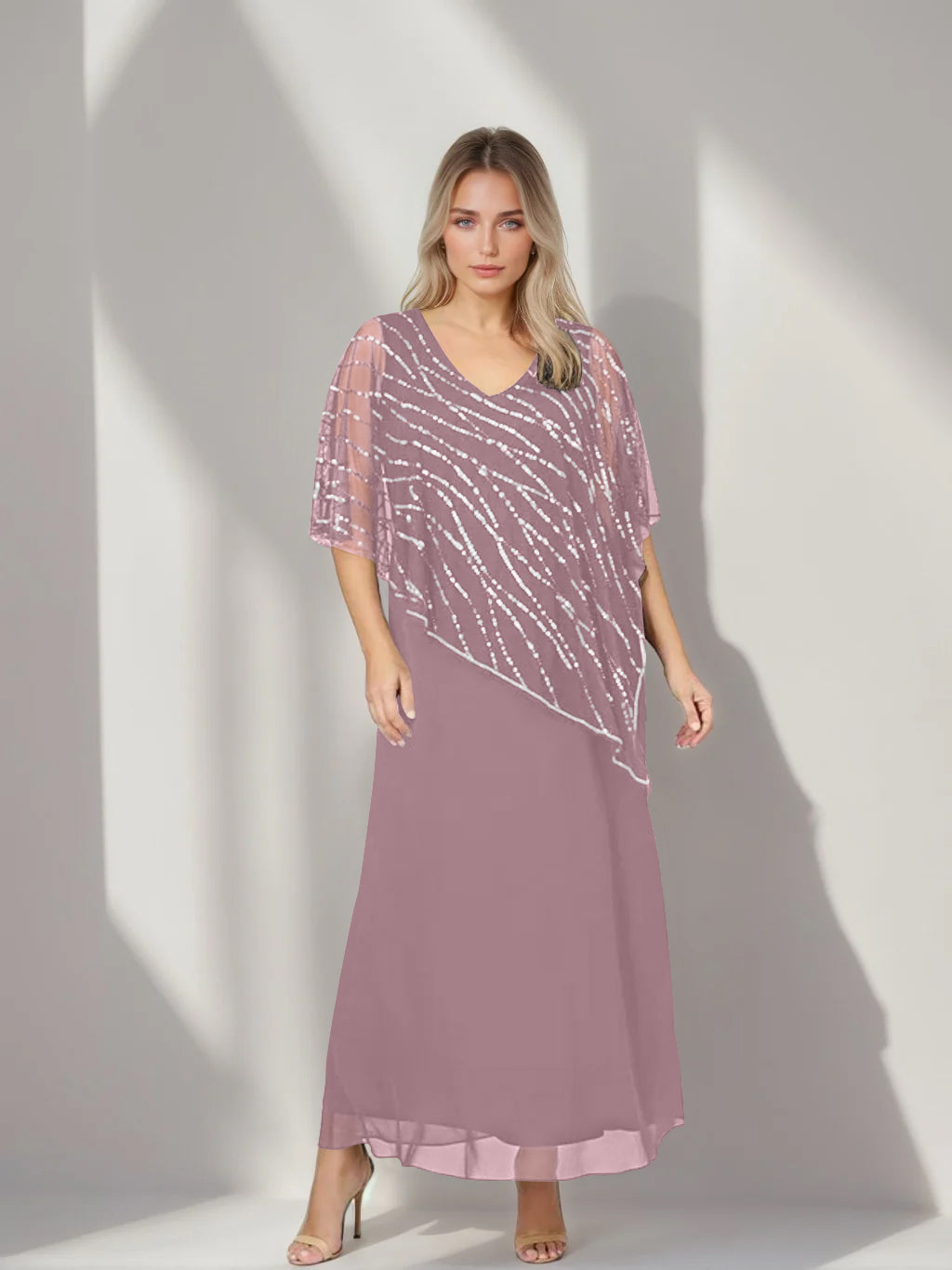 Plus Size V Neck A Line Ankle Length Mother of the Bride Dress with Asymmetrical Cape Popover and Half Sleeves