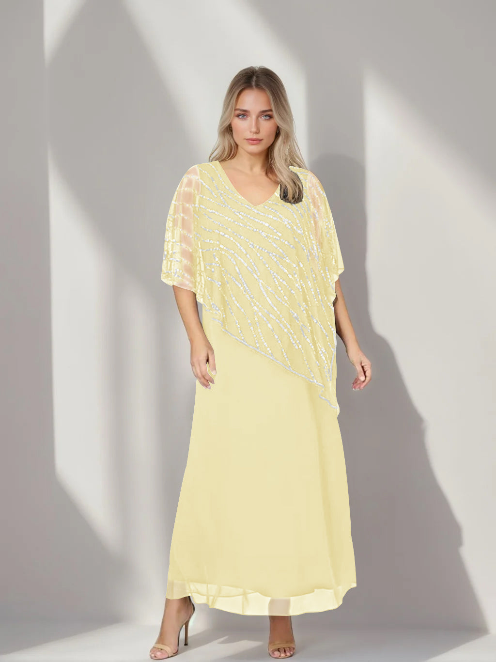 Plus Size V Neck A Line Ankle Length Mother of the Bride Dress with Asymmetrical Cape Popover and Half Sleeves
