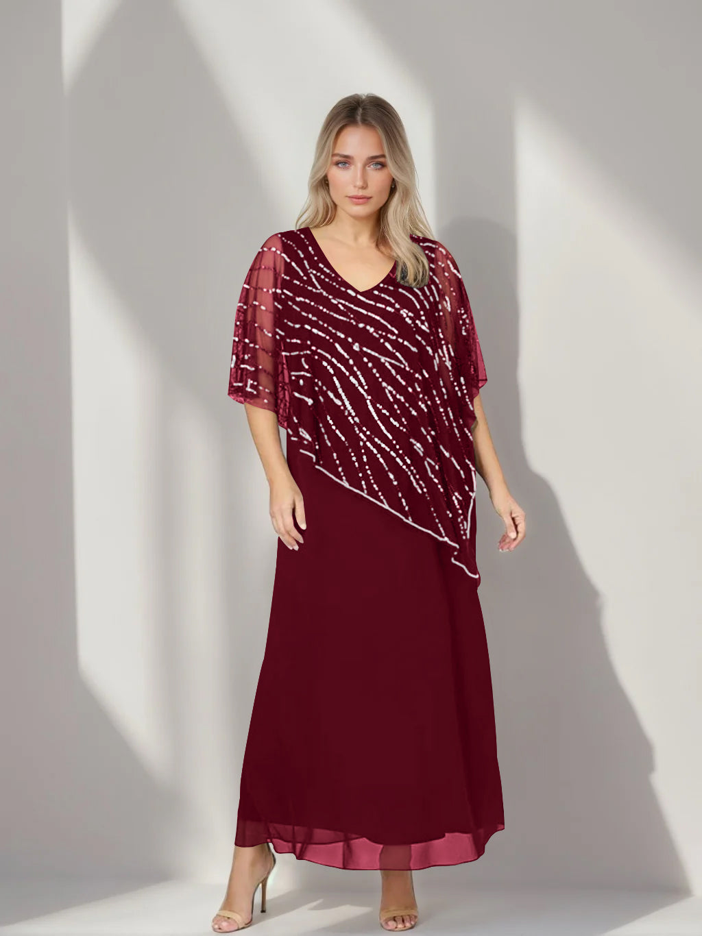 Plus Size V Neck A Line Ankle Length Mother of the Bride Dress with Asymmetrical Cape Popover and Half Sleeves