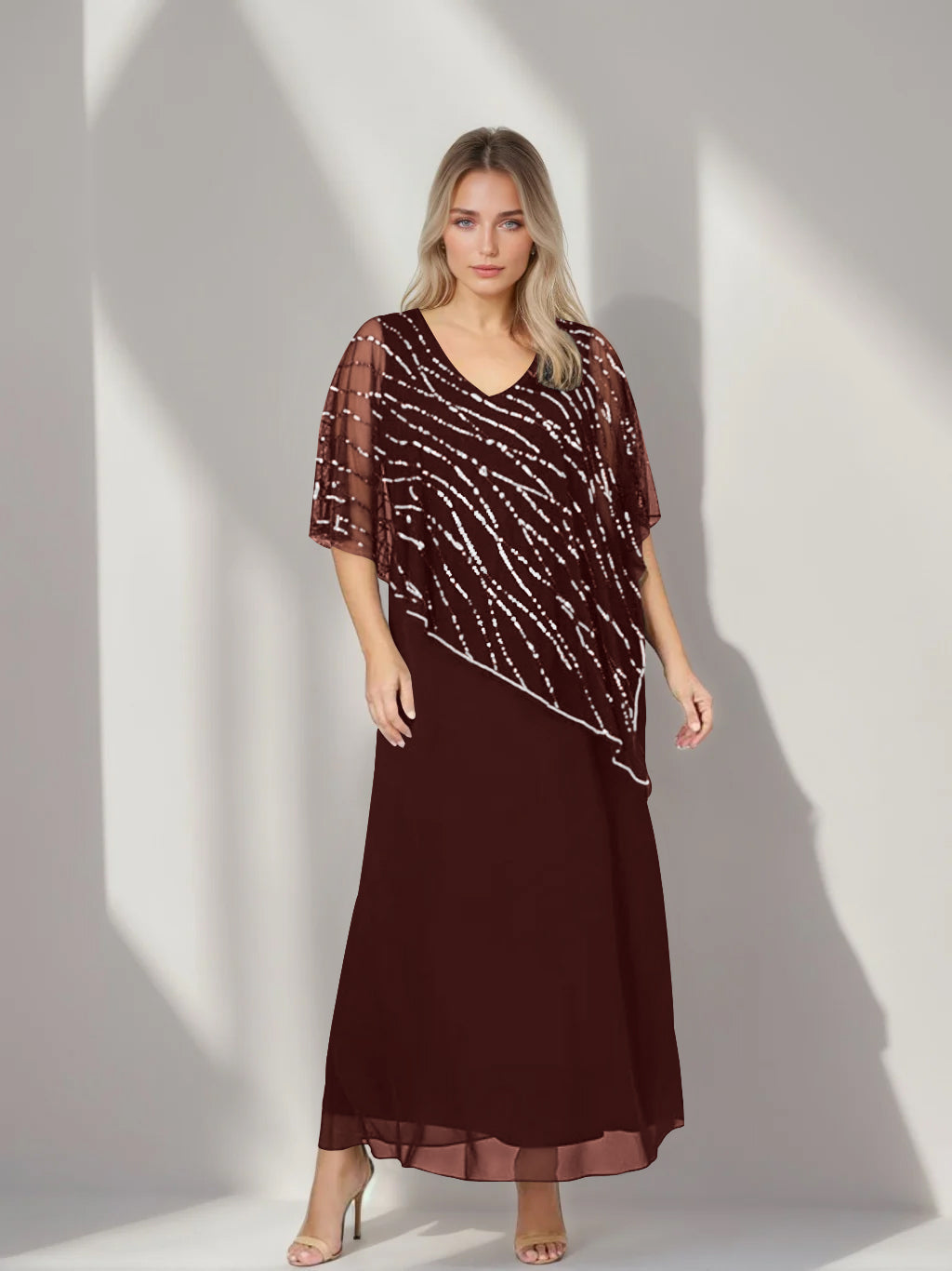 Plus Size V Neck A Line Ankle Length Mother of the Bride Dress with Asymmetrical Cape Popover and Half Sleeves
