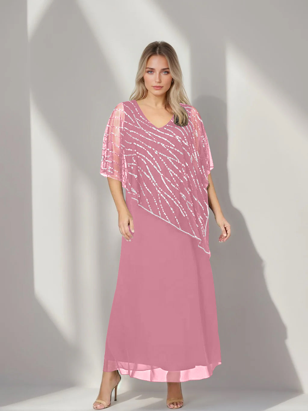 Plus Size V Neck A Line Ankle Length Mother of the Bride Dress with Asymmetrical Cape Popover and Half Sleeves
