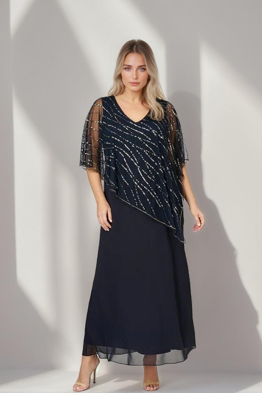 Plus Size V Neck A Line Ankle Length Mother of the Bride Dress with Asymmetrical Cape Popover and Half Sleeves