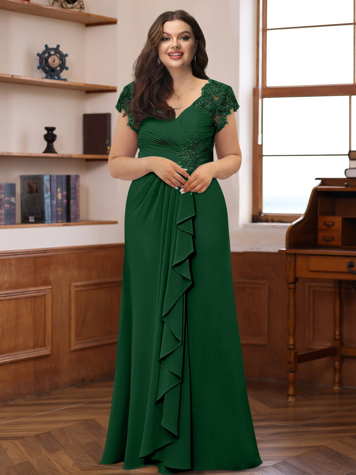 Plus Size V Neck A Line Dress with Short Sleeves Ruffles and Appliques for Mothers of the Bride & Groom