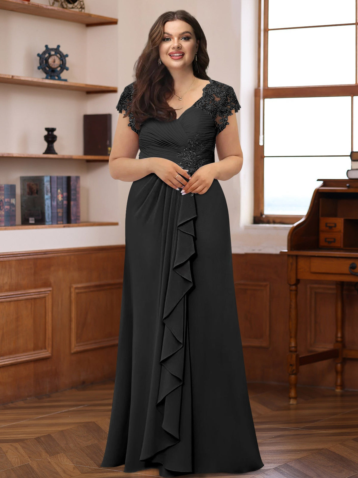Plus Size V Neck A Line Dress with Short Sleeves Ruffles and Appliques for Mothers of the Bride & Groom
