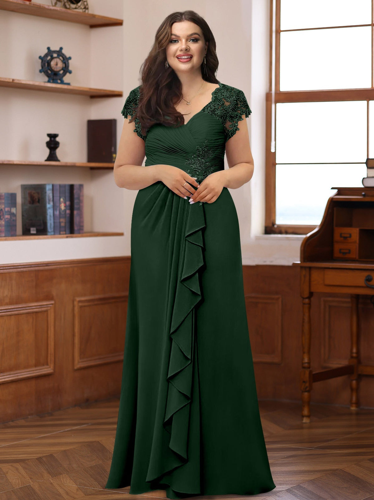 Plus Size V Neck A Line Dress with Short Sleeves Ruffles and Appliques for Mothers of the Bride & Groom