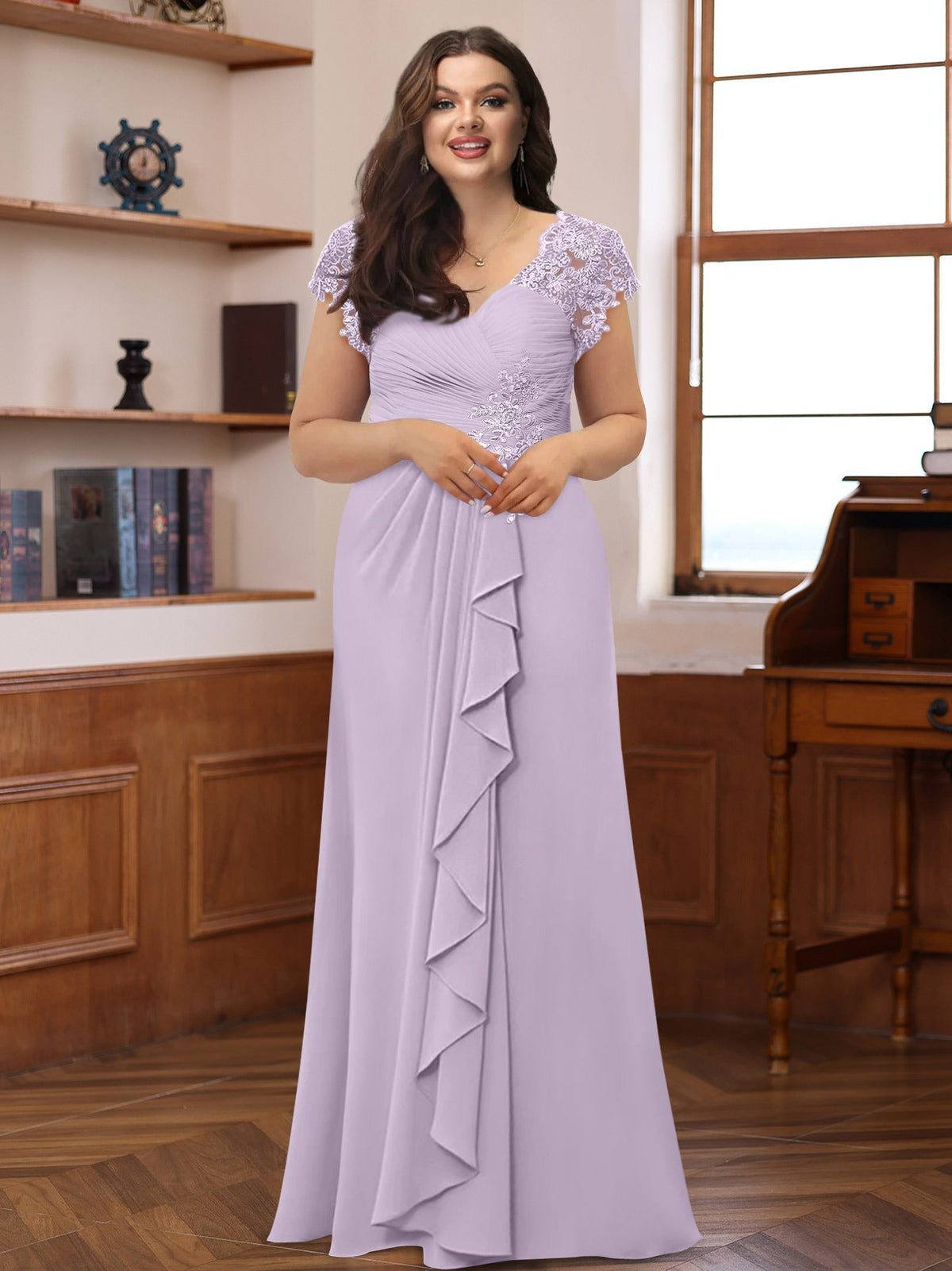 Plus Size V Neck A Line Dress with Short Sleeves Ruffles and Appliques for Mothers of the Bride & Groom